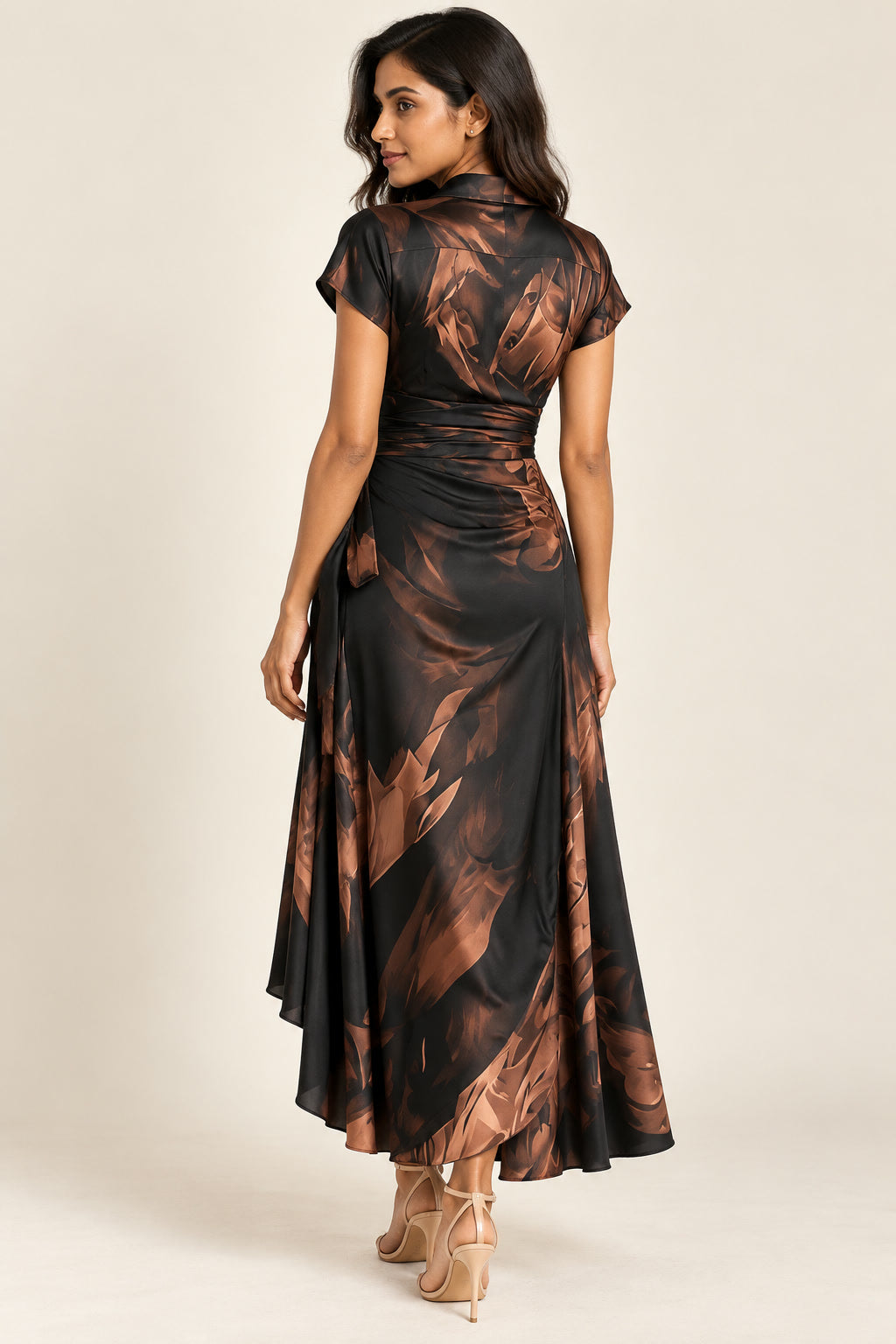 Printed Wrap Midi Dress in brown, back