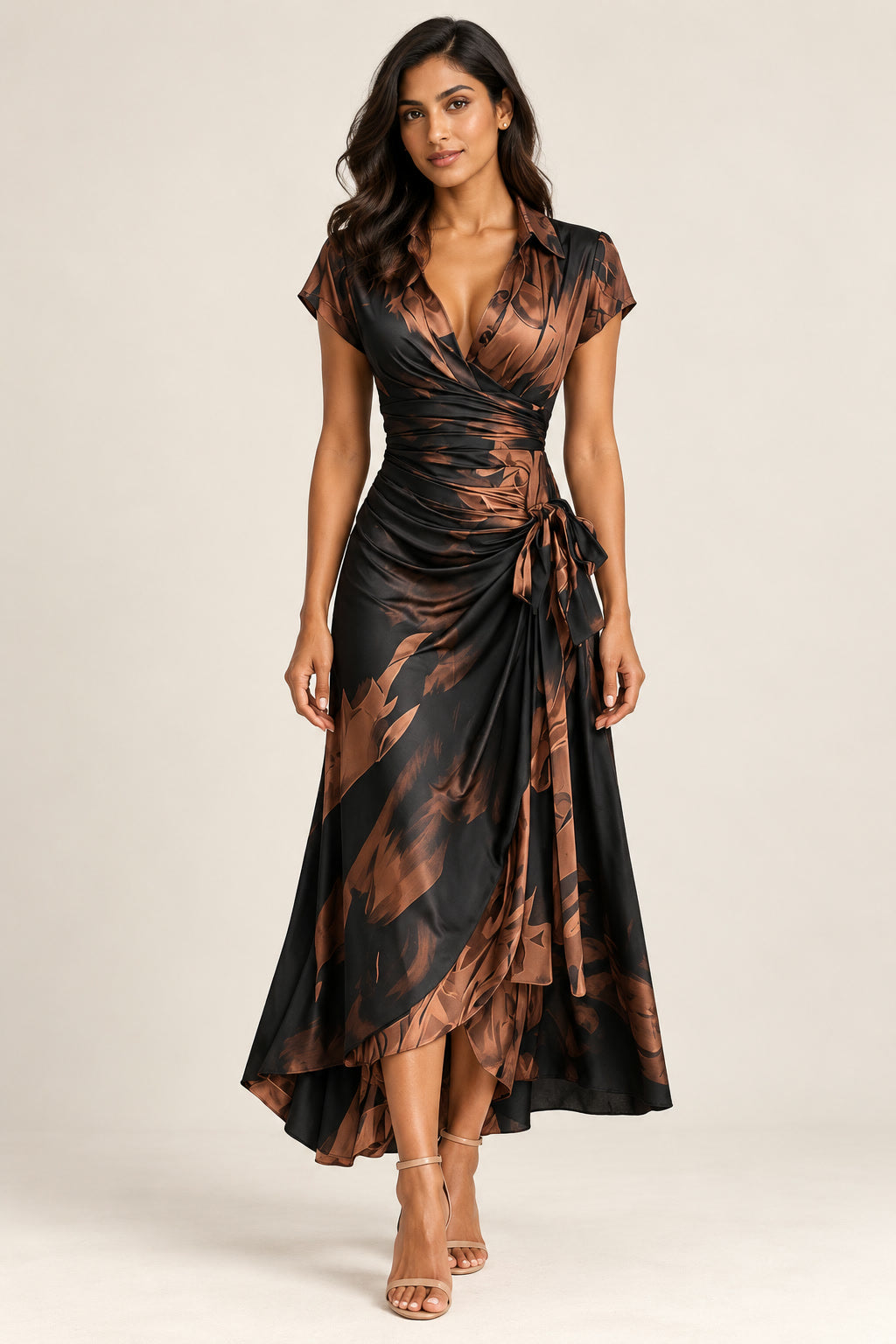 Printed Wrap Midi Dress in brown, front