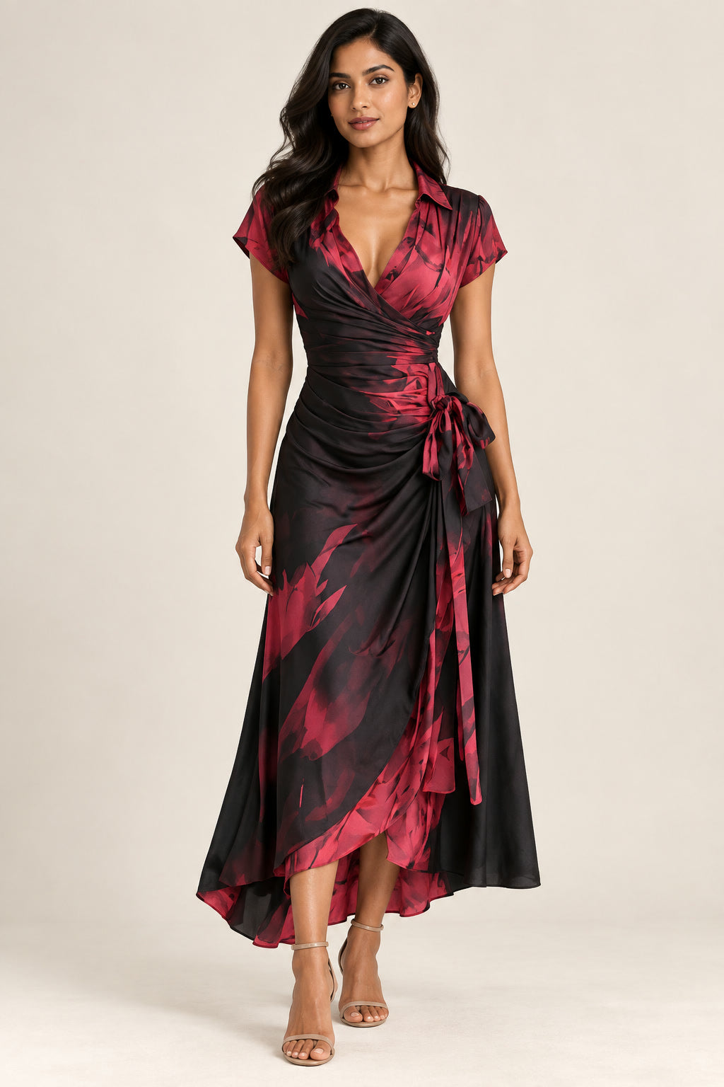 Printed Wrap Midi Dress in red, front